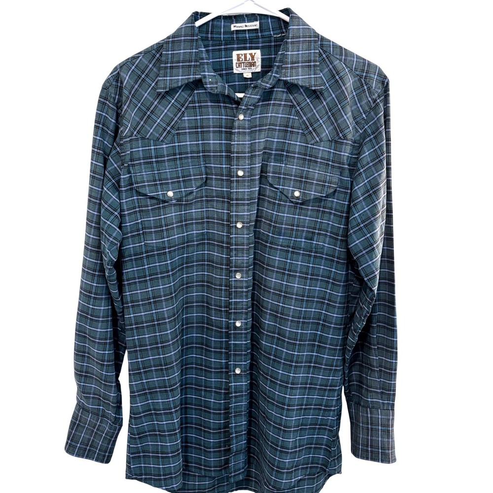 Ely Cattleman Western Pearl Snap Shirt Mens M Teal Blue Plaid Wrinkle Resistant - Picture 3 of 10